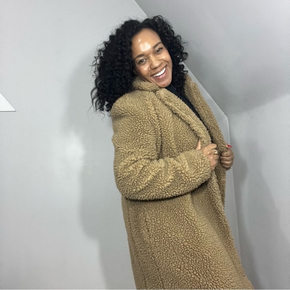 Vintage tan teddy car coat cozy sherpa style trench plush fluffy neutral jacket - Picture 4 of 15